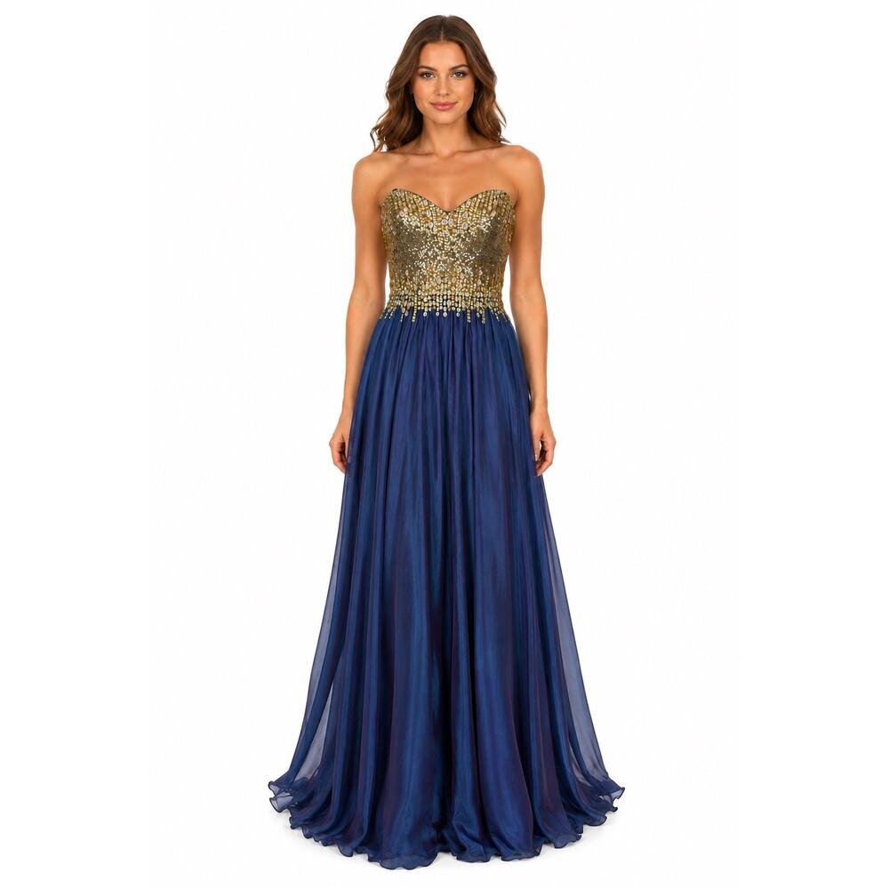 2000s Glow Dress Blue Chiffon Beaded Prom Gown Gold Sequin Formal Strapless S